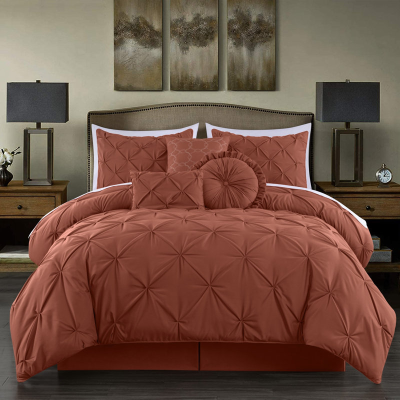 Ensemble d'édredon en microfibre 7 pièces Sydney Pintuck, Édredon double et 6 pièces supplémentaires, Terracotta