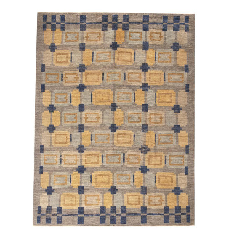 Rug & Kilim’S Scandinavian-Inspired Geometric Gold Beige And Blue Wool Pile Rug, Rectangle 10' x 14'