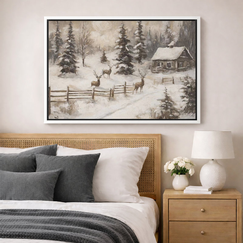 Hiver, campagne rustique, Noël, cerf, pin, forêt, décor de vacances, impression sur toile encadrée, Cadre flottant blanc