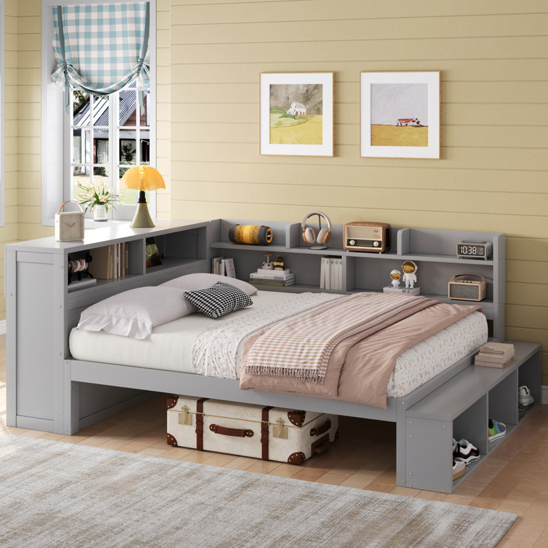 Full Size Storage Daybed With Storage Cabinets And Charging Station, Solid Pine Sofa Bed, Space-Saving Guest Bed With Shoe Rack, Usb Port & Power Outlets For Bedroom Or Living Room