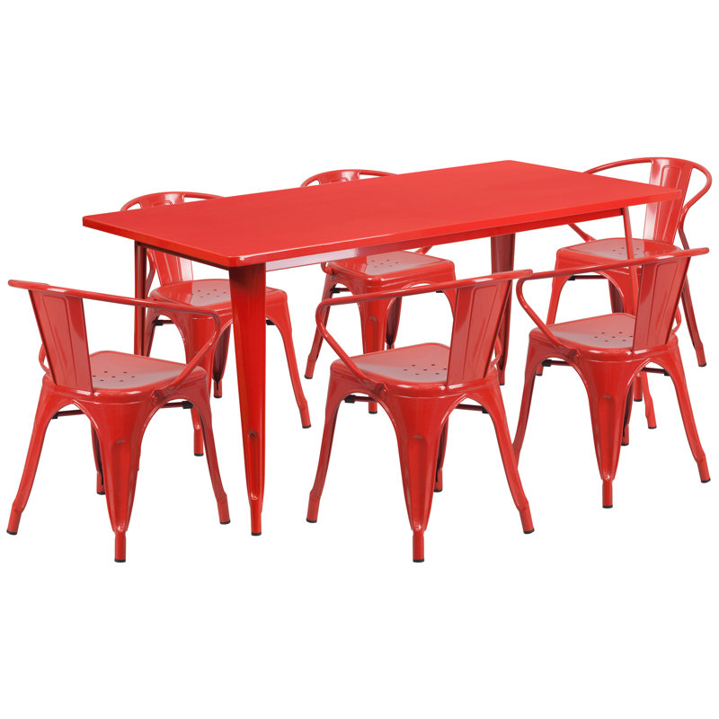 Lubron 31.5'' x 63'' Rectangular Metal Indoor-Outdoor Table Set with 4 Arm Chairs, Red, 7