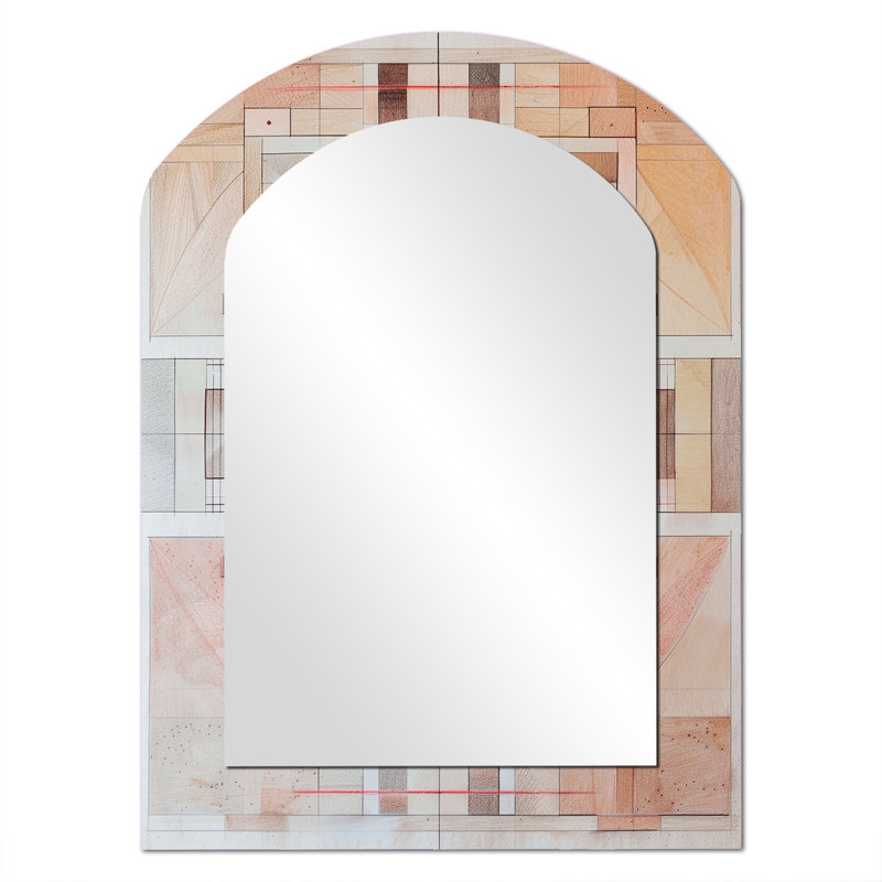 Vintage Overlapping Stillness II - Geometric Asymmetrical Mirror, Brown Arch Decorative Wall Mirror, Printed Metal Art