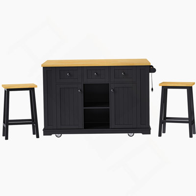 Grand îlot de cuisine de 53 pouces avec 2 tabourets de bar, prise de courant, support de rangement interne pour porte, chariot de rangement de cuisine sur 5 roulettes avec abattant, 5 supports latéraux ouverts, 3 tiroirs, pour la cuisine, la salle à manger, noir