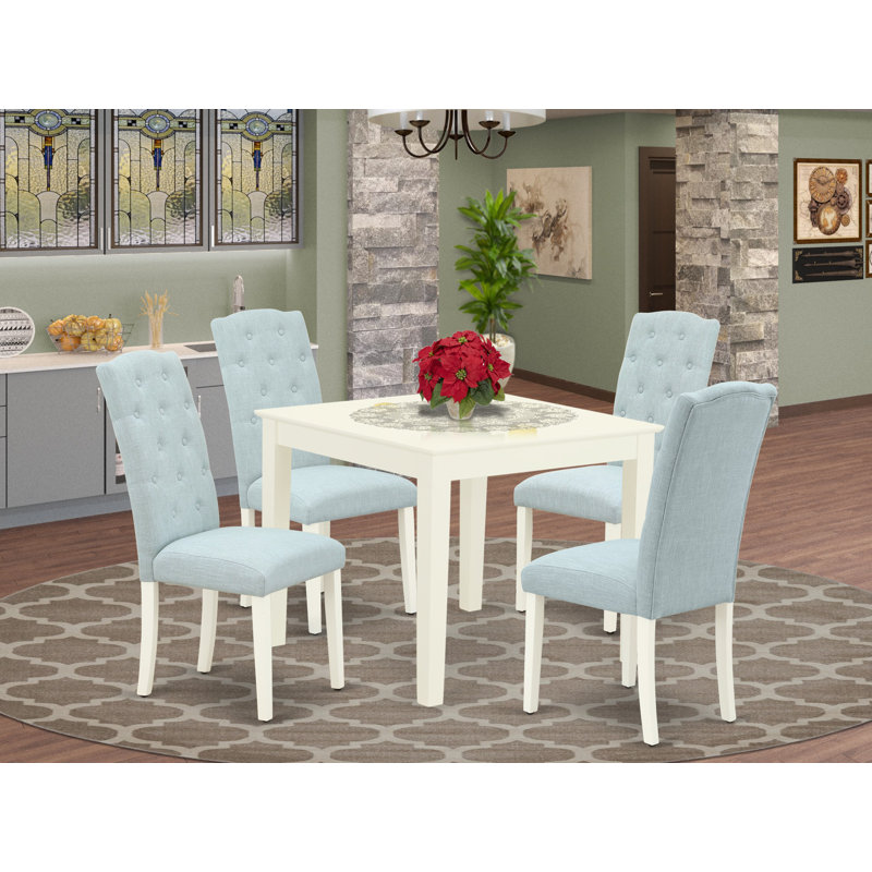 5 Piece Dining Room Table Set Includes a Square Wooden Table and 4 Baby Blue Linen Fabric Upholstered Parson Chairs, Linen White