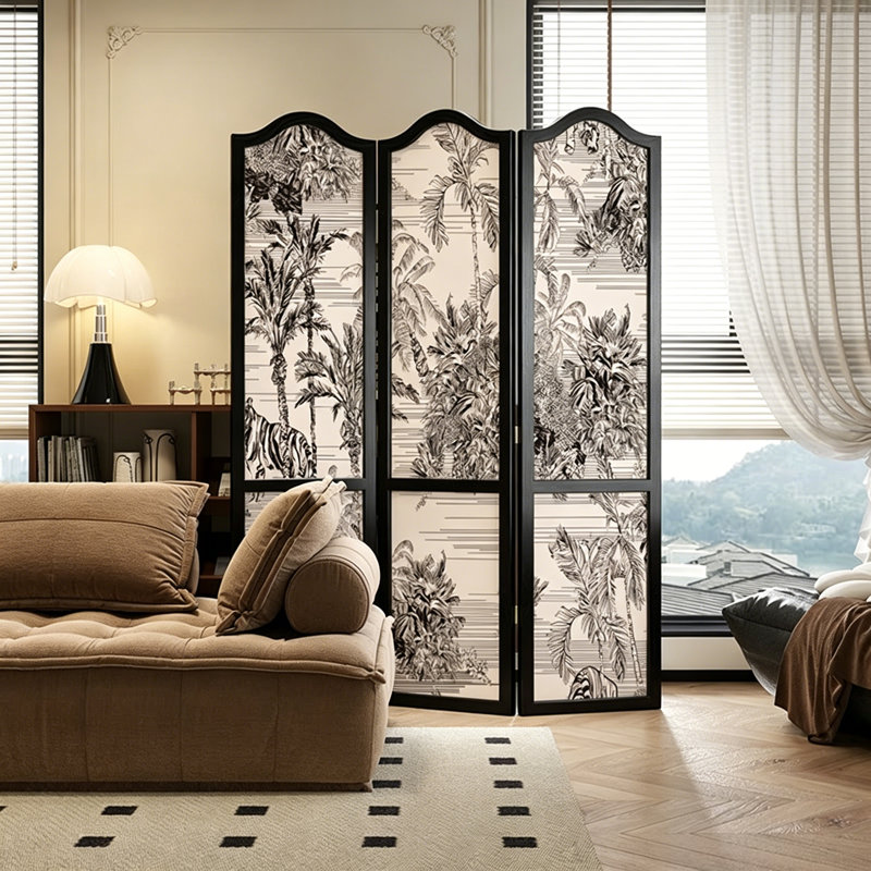 Solid Wood Folding Movable Room Divider with Black Line Drawing Tropical Pattern, 70.87" H x 53.15" W x 1.57" D