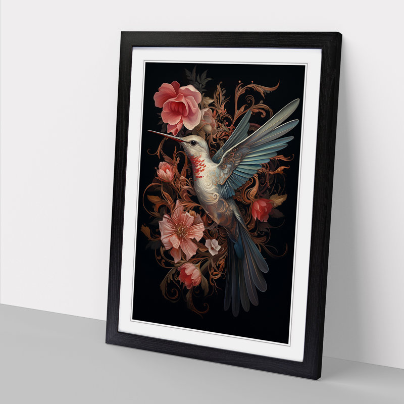 Hummingbird Baroque - Single Picture Frame Print on Wood, Black, 64cm H x 46cm W x 2cm D
