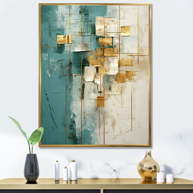 California Sunshine Retro Abstract Gold Teal - Abstract Painting Canvas Wall Art, 44" H x 34" W x 1.5" D, Gold Floater Framed
