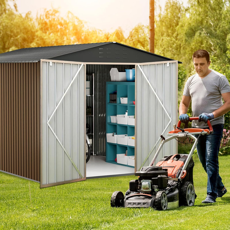 10x12 Ft Large Outdoor Metal Storage Shed with Updated Frame Structure for Garden and Backyard, Brown