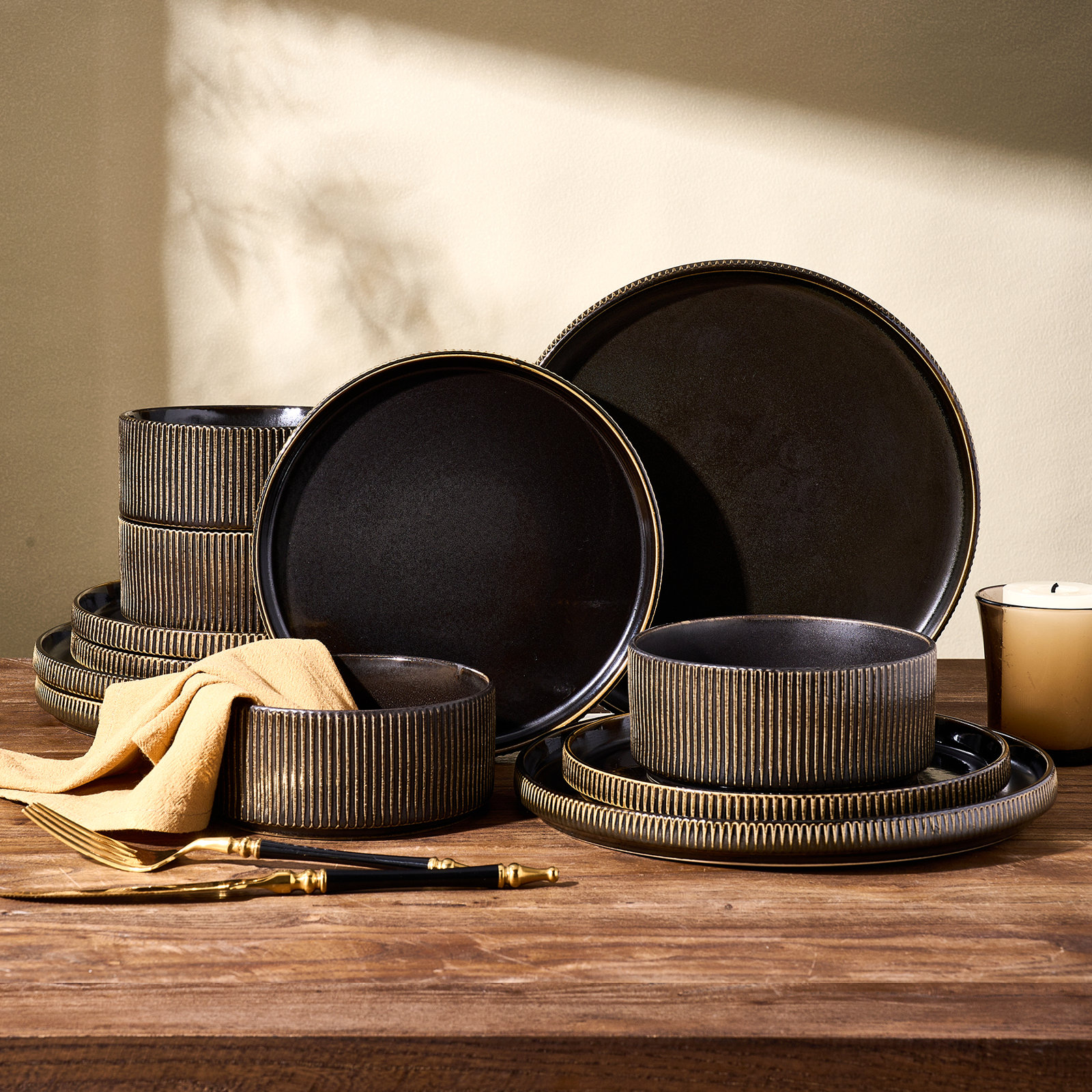 Stoneware Dinnerware Set, Black Gold