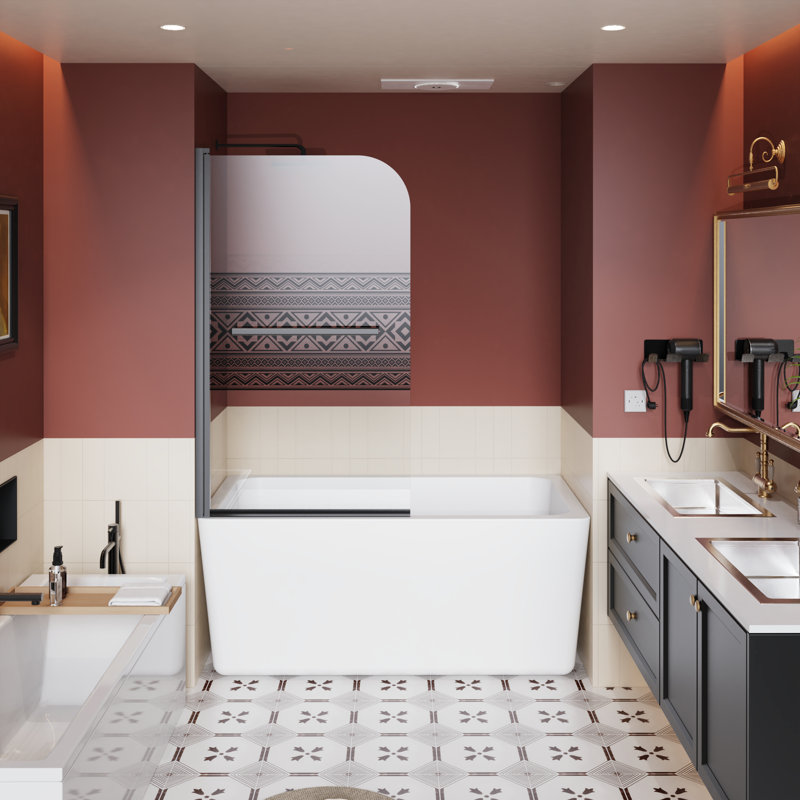 32 In W X 55 H Shower Screen With Bohemian Design, 1/4 Inch Thick Tempered Glass, Black, Zinc Alloy Hardware, Easy - To Clean And Stylish Bathtub Door Black Finish, Stainless Steel Hinges, Smooth Use