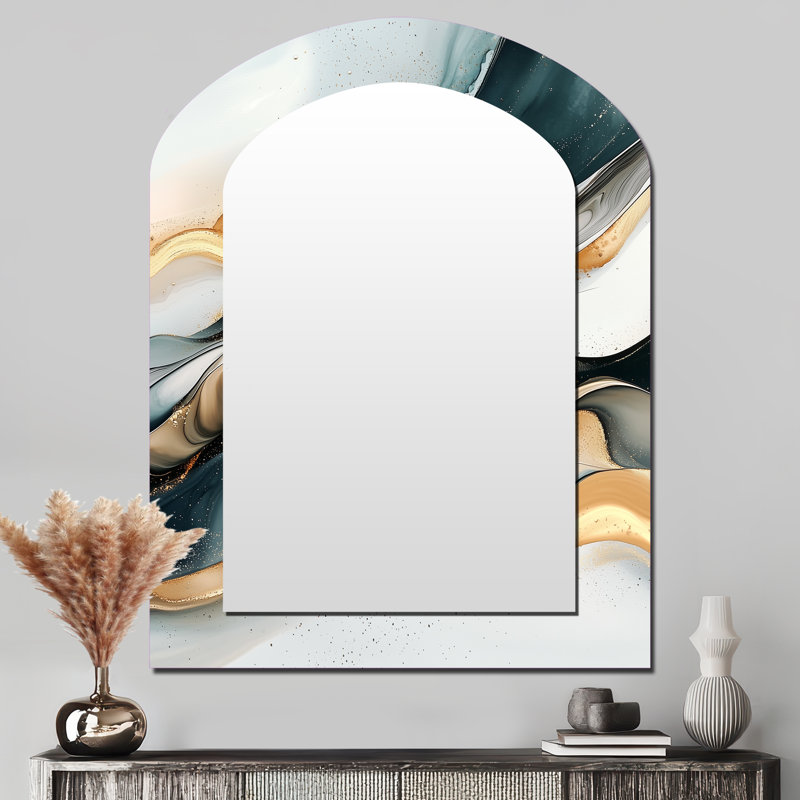 Rybicki Abstract Golden Glacial Echo Of Liquid Reflections I - Shapes Arch Decorative Mirror, Gold Asymmetrical Wall Mirror, Printed Metal Art