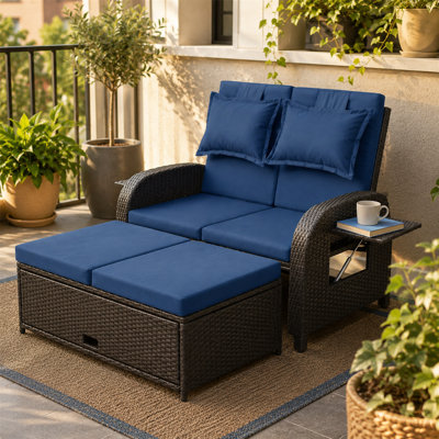 Ensemble de loisirs d'extérieur pour deux personnes bleu marine et beige convertible canapé-lit dossier pliable et peu encombrant en acier inoxydable