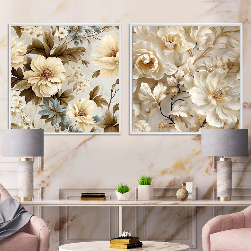 Presley - Ensemble de 2 collages carrés floraux, H 16 po x l 33 po, Cadre flottant blanc