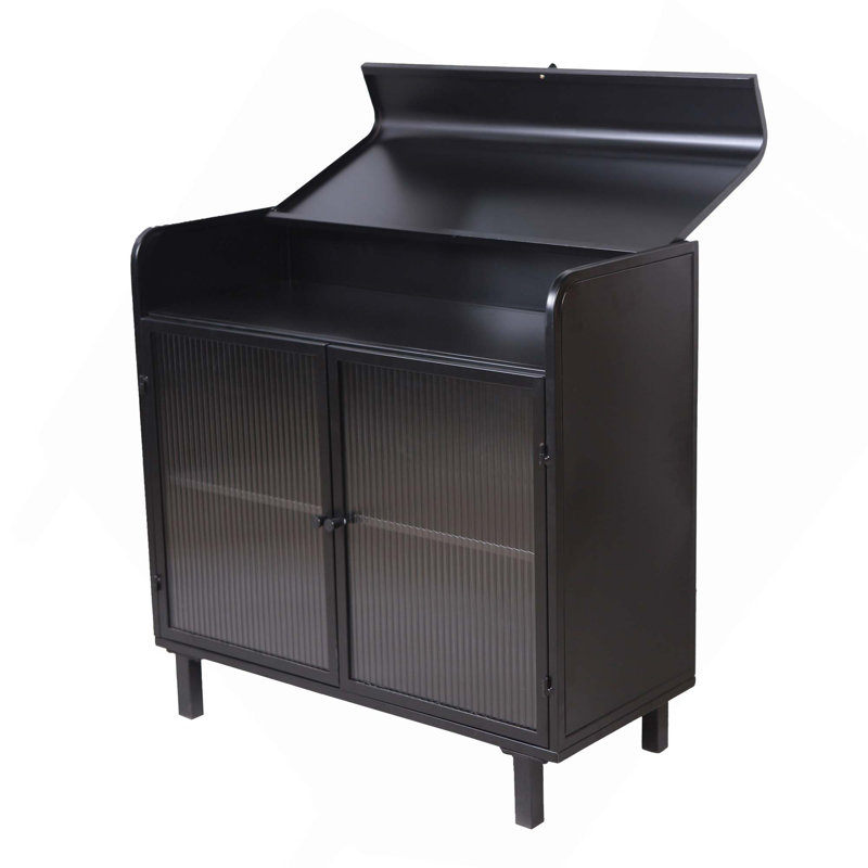 Buffet moderne avec portes en verre trempé figuré, dessus rabattable, tablettes intérieures et structure en métal - Console de rangement élégante pour salle à manger, cuisine, salon et entrée, noir