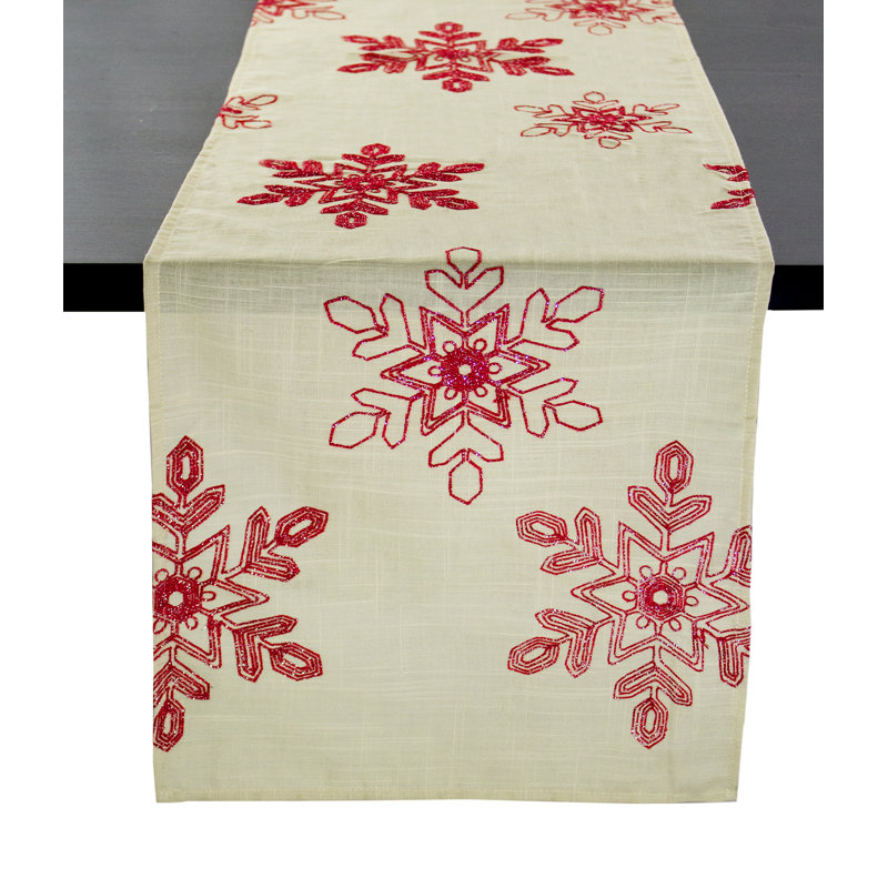 Red Embroidered Snowflake Natural Table Runner, 108" x 16"