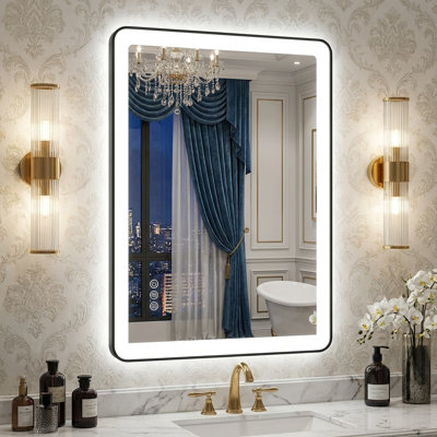 Lunara Independent Dual Backlit&Front Lights LED Wall Mirror, Rounded Corner Matte Black Metal Framed Bathroom Mirror with Tempered Glass