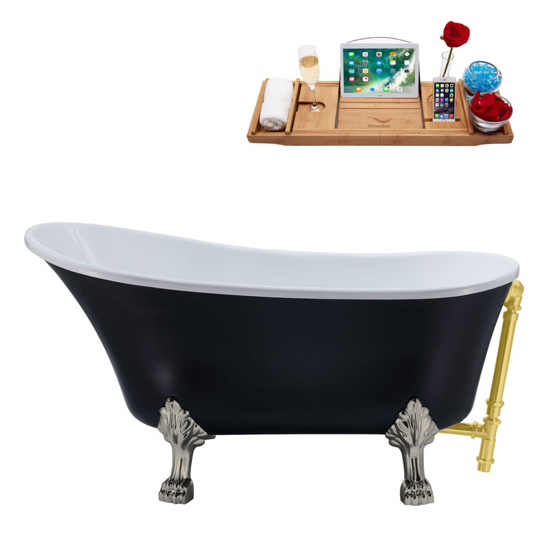 63" Streamline Clawfoot Soaking Acrylic Bathtub With Drain, Clawfeet, and Bamboo Tray, Brushed Nickel, Brushed Gold