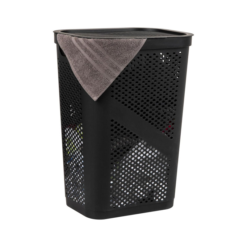Slim Laundry Hamper With Lid, 60L Clothes Basket, Ventilated Plastic, Black
