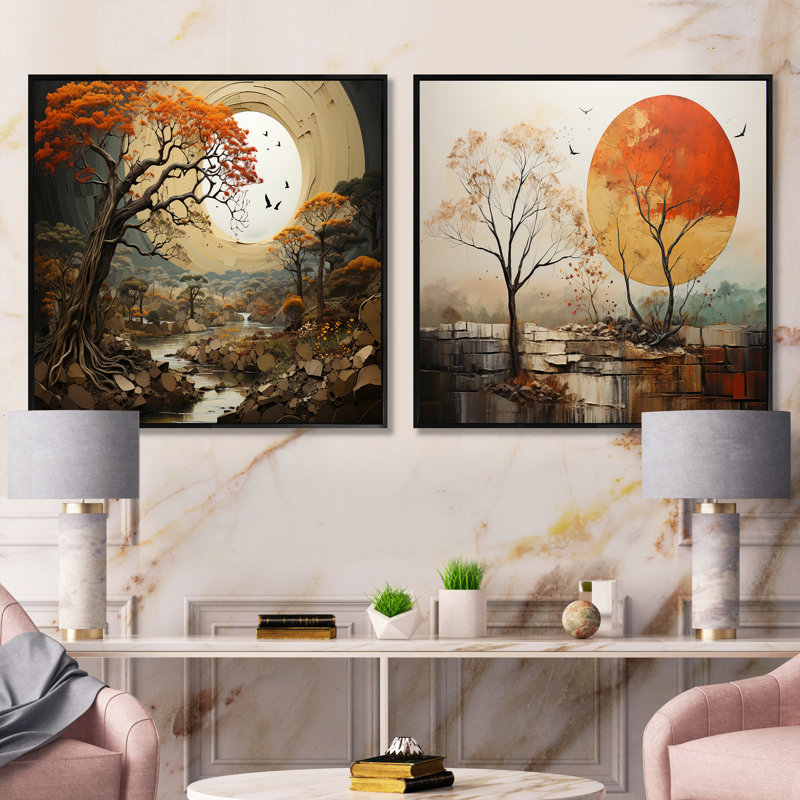 Baobab Tree Harmony I - ensemble de 2 collages floraux carrés, Cadre flottant noir, H 16 po x l 33 po