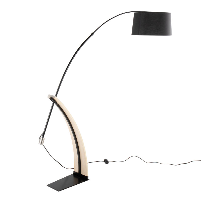 Robyn Mid-Century Modern Floor Lamp In Wood And Metal With Linen Shade, Natural, Black
