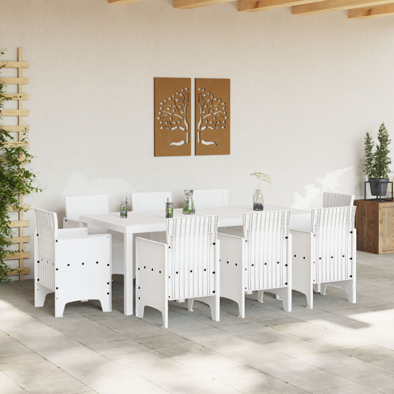 9 Piece Garden Dining Set Poly Rattan, 73cm H x 200cm W x 100cm D, White