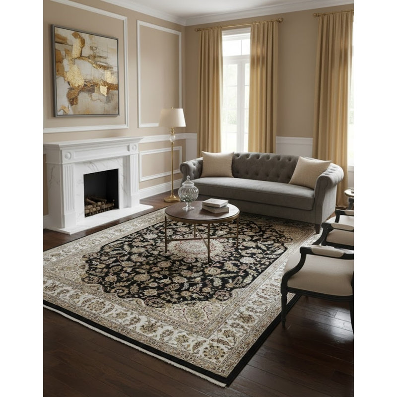 Black Floral 9X12 Indo-Nain Oriental Rug