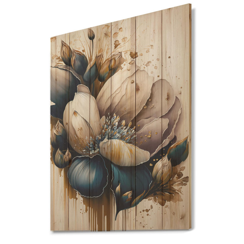 Beige et bleu marine fleur de crocus - impression sans cadre sur bois, H 32 po x l 24 po x P 1 po