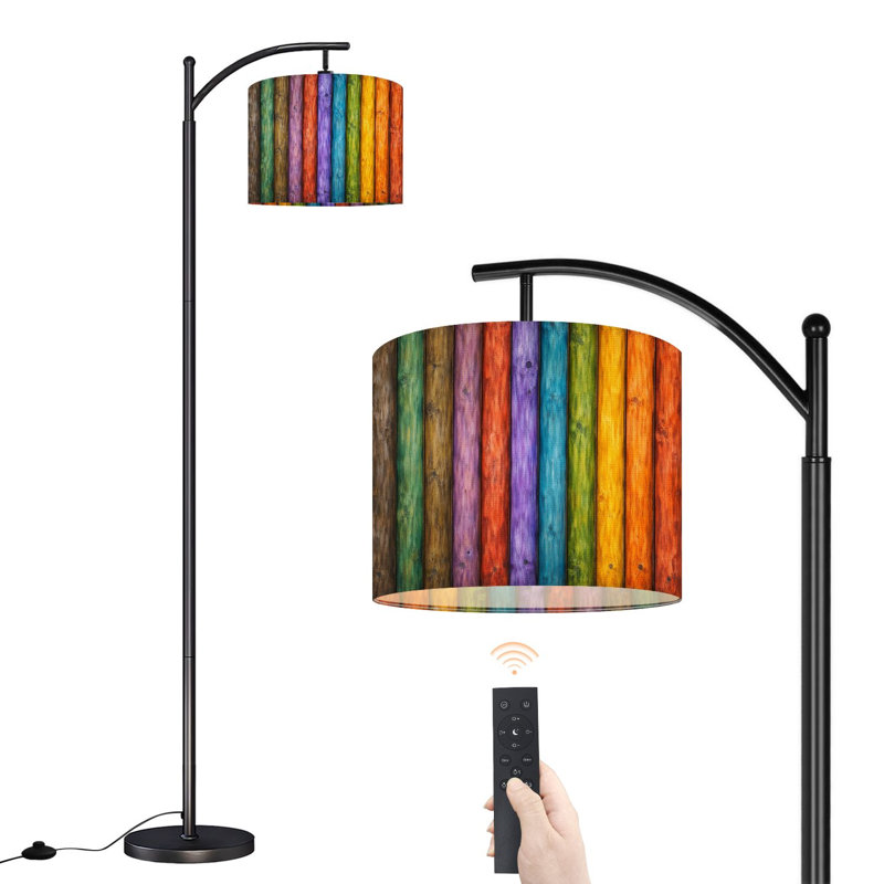 Arc Floor Lamp with Adjustable Lampshade Colorful wooden Rainbow color Standing Lamp 3 Color Temperatures Dimmable Tall Pole Lamp with Foot Switch for Bedroom