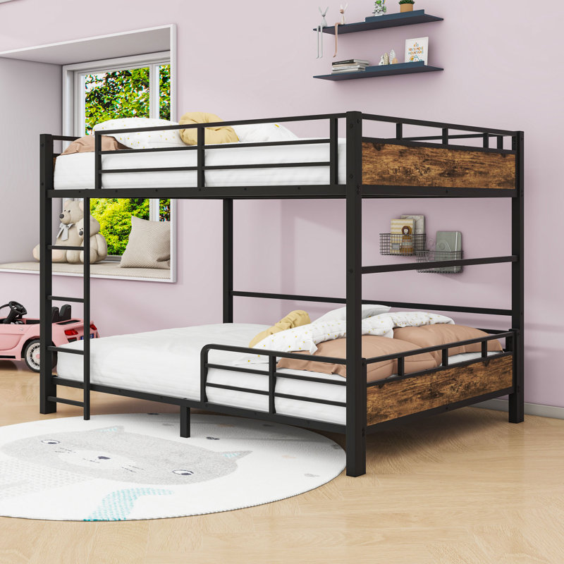 Metal Bunk Bed With Safety Rai, Vintage Wood, Full XL Over Full XL