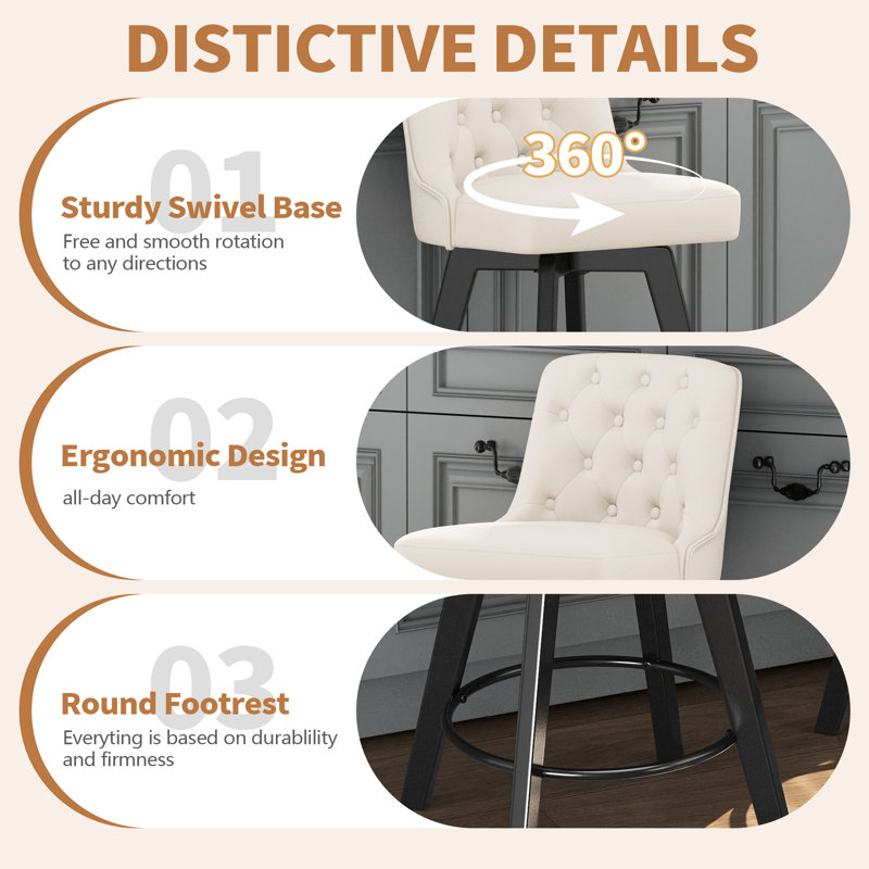 Swivel Upholstered 26'' Counter Stool Wood Leg, Counter Stool (26" Seat Height), 2, Cream