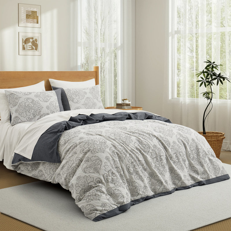 Double Gauze Cotton Jacquard Duvet Cover Set, King Duvet Cover + 2 Pillowcases, Dark Gray