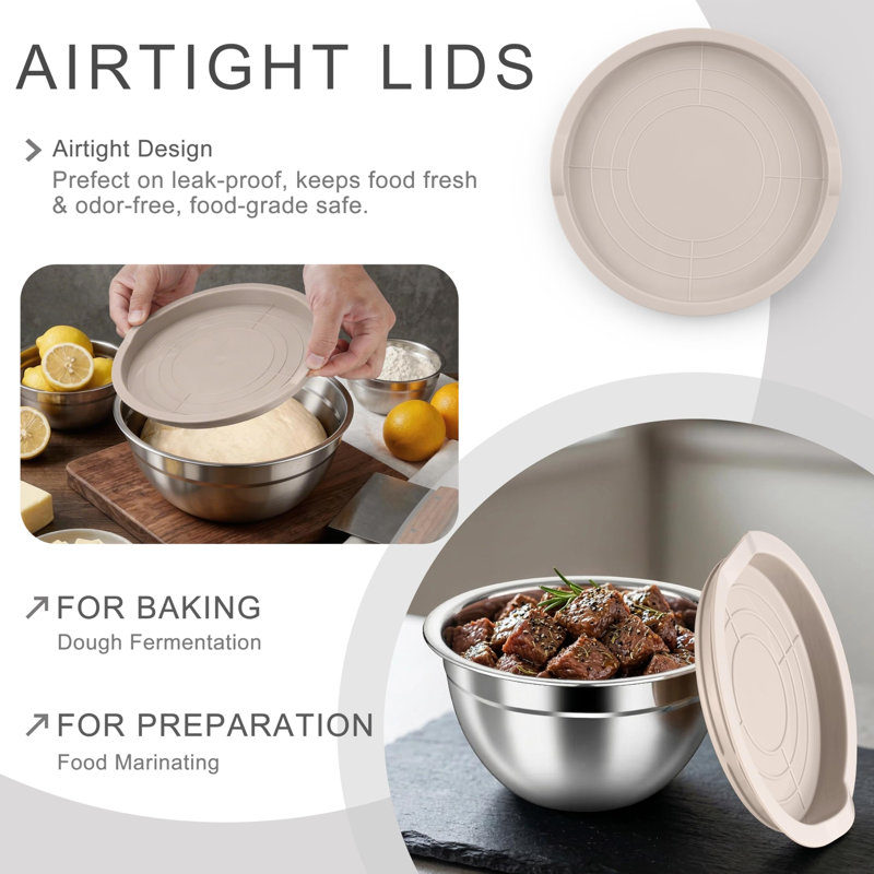 Mixing Bowls with Airtight Lids, Stainless Steel Salad Bowls, Strong Nesting Bowls, Serving & Food Storage, Stackable Design, 6-Piece