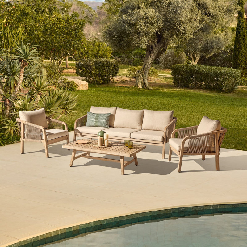 Wooden Garden Set with 3 Seater Sofa - 2 Armchairs & Coffee Table