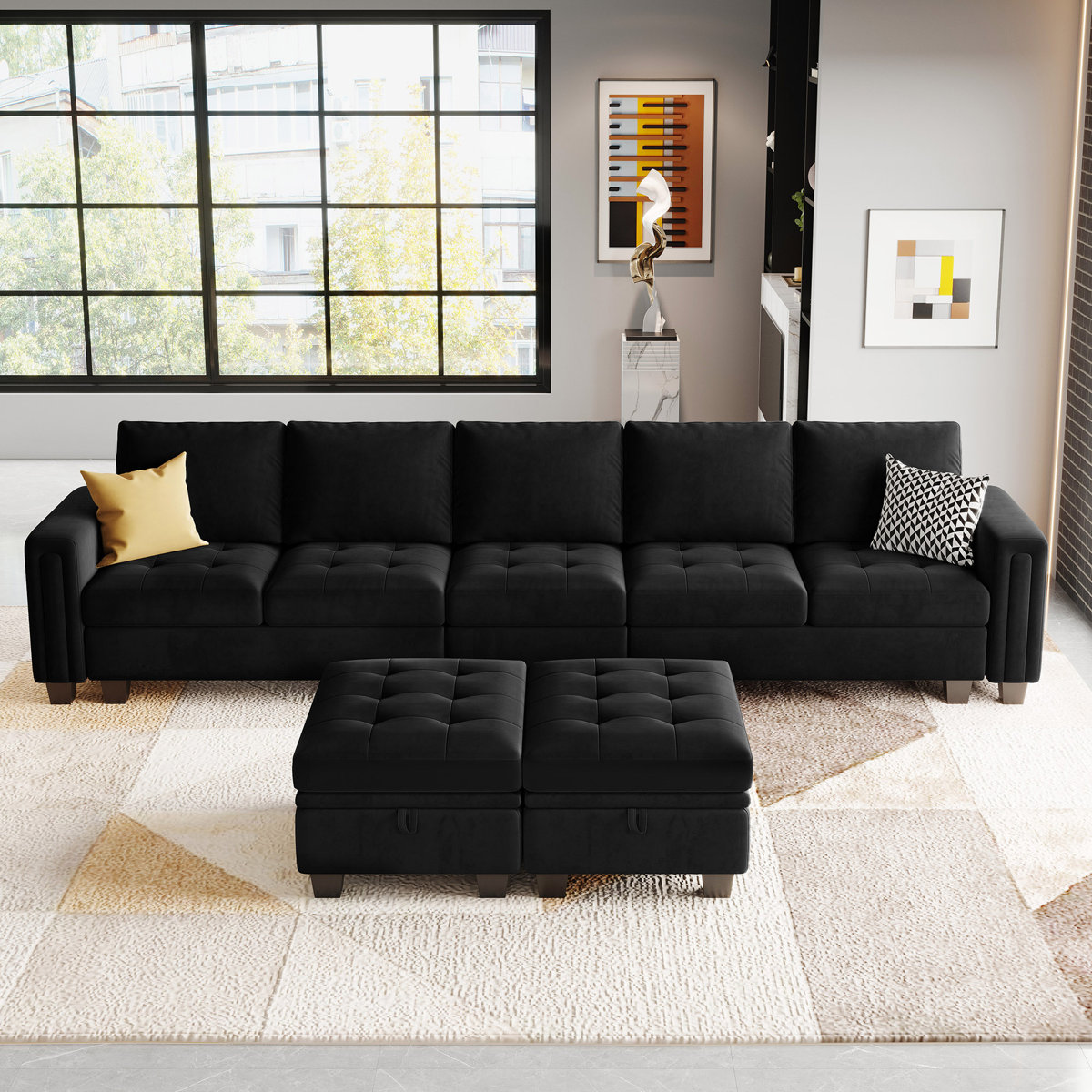 Shavera 6 - Piece 130.6'' Wide Upholstered Sectional Modular Sofa Velvet Large L Shaped Tufted Couch with Storage Ottomans