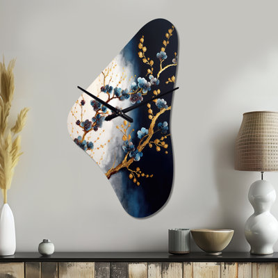 Klarrisa Blue Cherry Blossom Branch VI - Asymmetrical Bonsai Metal Wall Clock, Blue Wall Clock Print