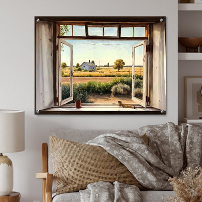 «Window to Landscape Views I», art mural acrylique paysage de ferme