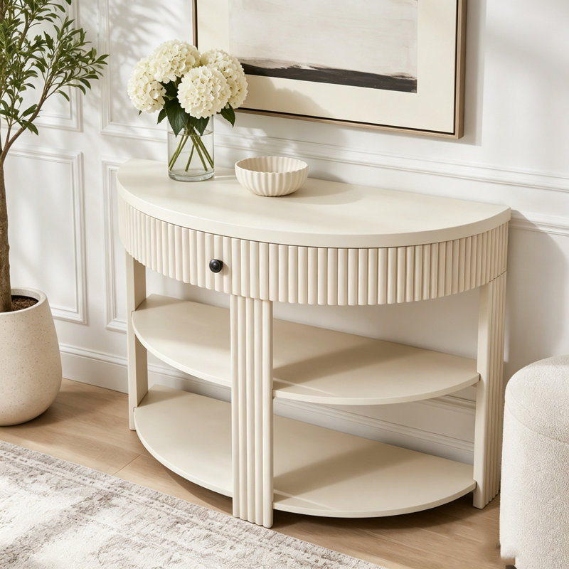 Console demi-lune cannelée avec tiroir et tablettes, Crème