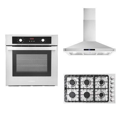 Cosmo 3 Piece Kitchen Appliance Package with 36'' Gas Cooktop Wall Mount Range Hood