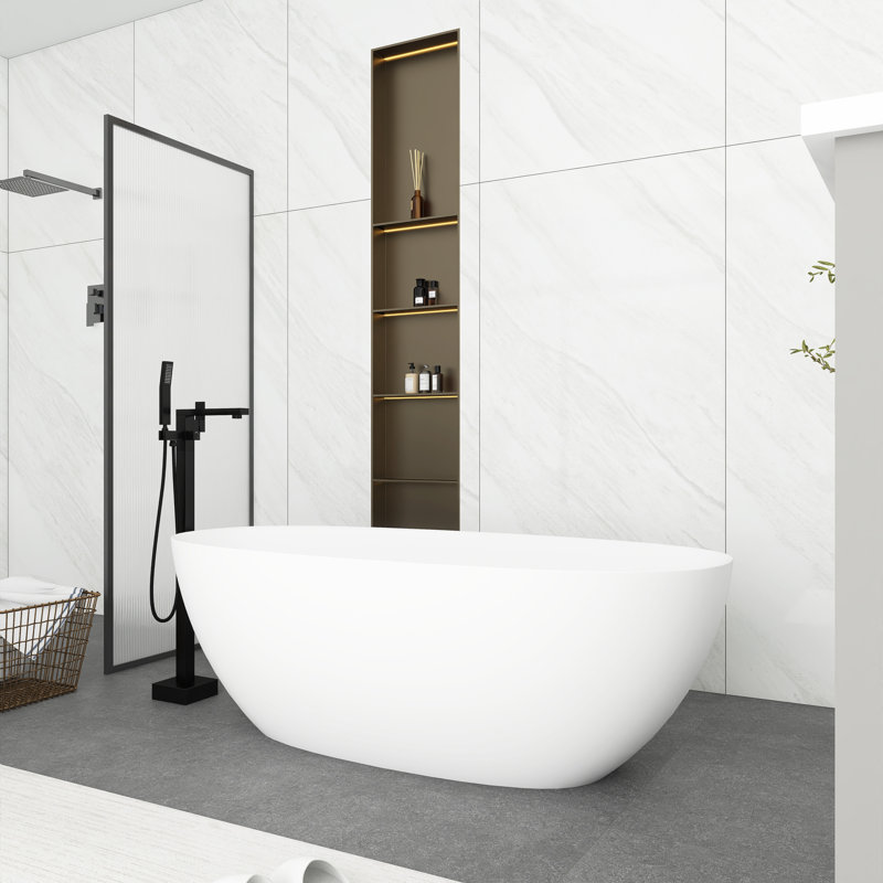 65'' Matte White Freestanding Solid Surface Soaking Bathtub