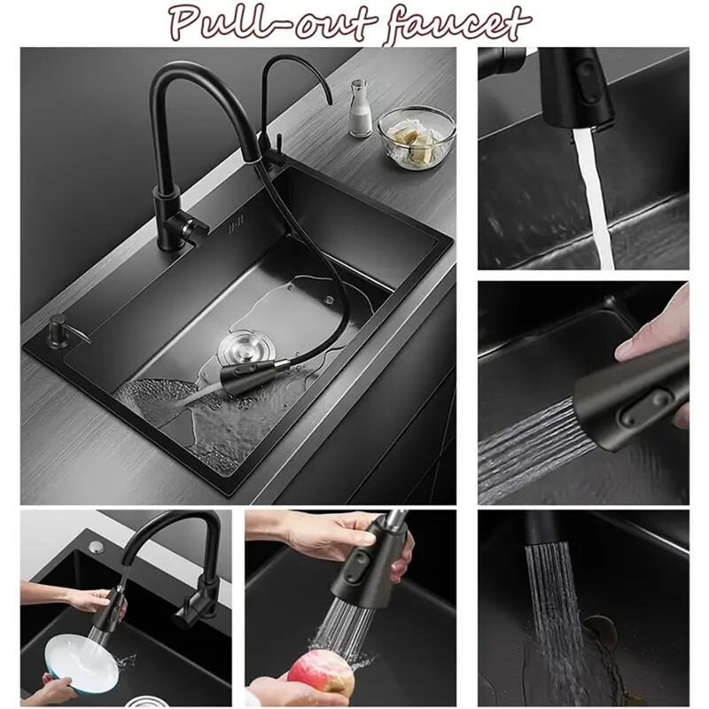 21.7 in Kitchen Sink Stainless Steel Single Bowl Sink with Pulldown Faucet, Matte Black