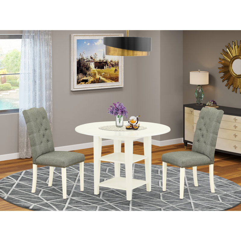 L'ensemble de table de salle à manger 3 pièces comprend une table de cuisine ronde avec Dropleaf et des tablettes et 2 chaises de salle à manger Parson en tissu gris, lin blanc
