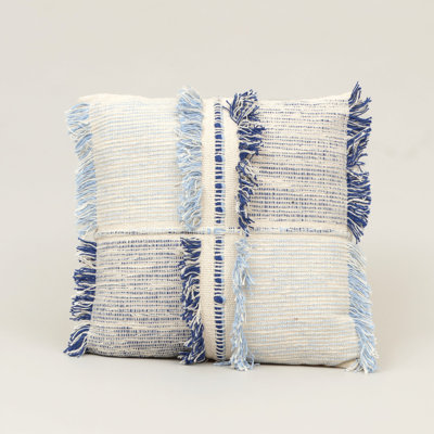 Coussin décoratif en coton à franges bleues avec garniture en polyester, tissu texturé tissé, 45,7 cm x 45,7 cm