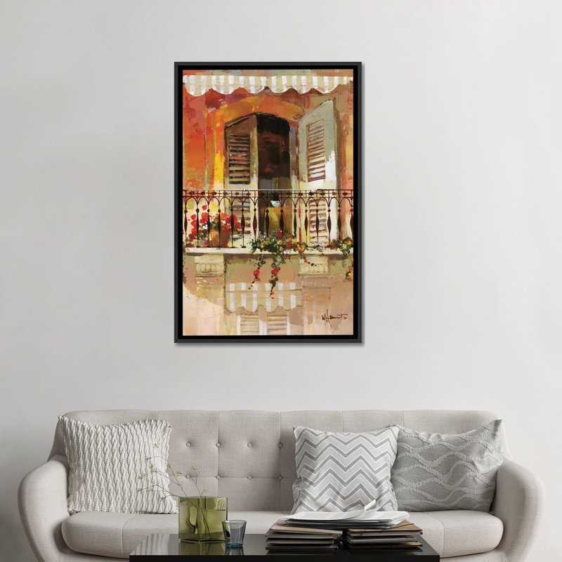 « balcon i », reproduction sur toile, H 26 po x l 18 po x P 1,5 po, Toile avec cadre noir, Pas de tapis