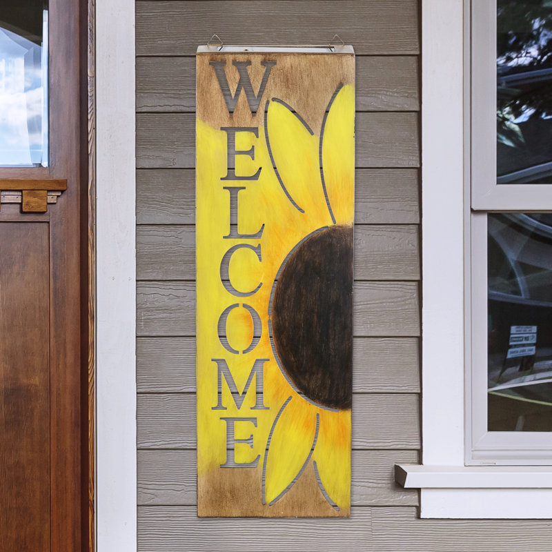 Exhart Hand Painted Solar Sunflower Hanging Wall Art, 8 by 24.5 Inches
