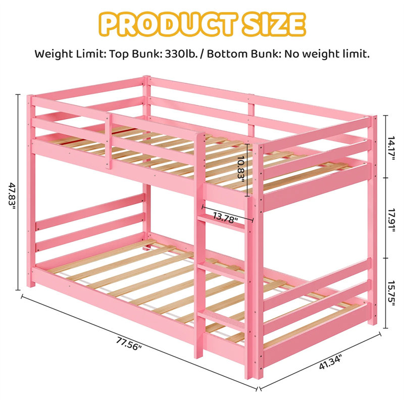 Kids Low Floor Bunk Bed Twin Over Twin With Guard Rails And Stairs, Pink
