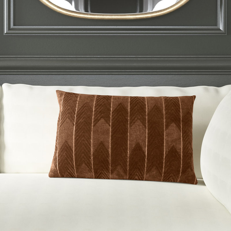 Brown Embroidered Cotton Lumbar Pillow with Chevron Design