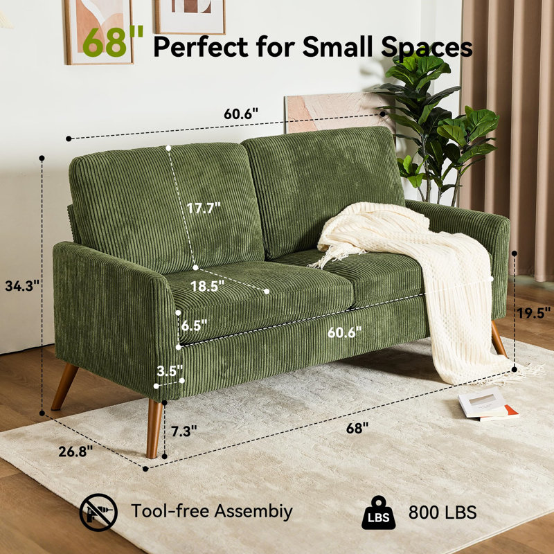  George Oliver 68" Loveseat Sofa, Comfy Corduroy Couches For Living Room, Green Corduroy