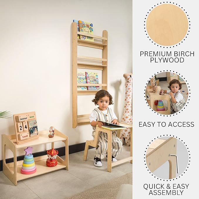 Étagère de rangement pour jouets en bois massif Montessori