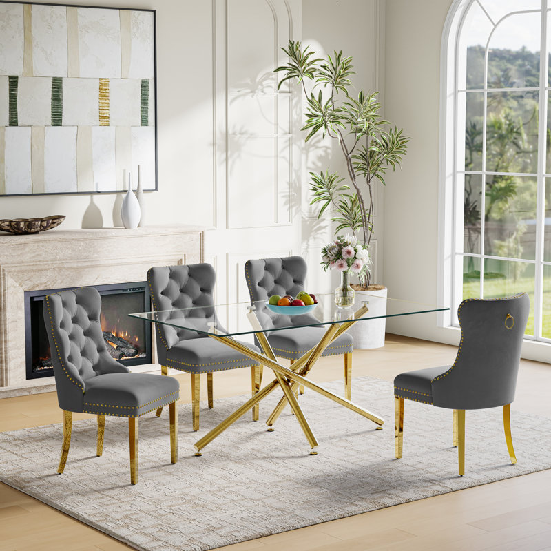 5-Piece Modern Dining Set – Rectangular Glass Table With Mirrored Metal Base & 4 Velvet Upholstered Chairs, Gold/Gray, Gold