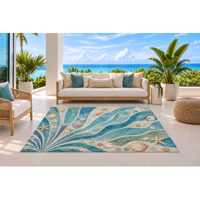 Tapis d'extérieur 152 x 213 cm, motif coquillages, étoiles de mer et courants côtiers, imperméable, en PVC bouclé, résistant et à séchage rapide, idéal pour porche, terrasse, balcon ou entrée.